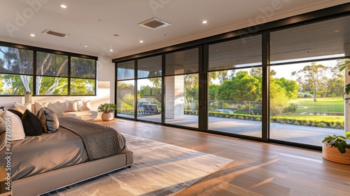 Suburban contemporary master bedroom with floor-to-ceiling windows and automated blackout blinds for privacy