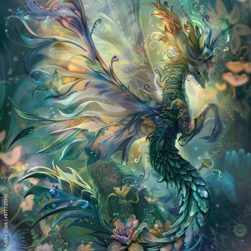 A highly detailed and vibrant digital representation of a fantastical creature with ornate wings and scales amidst a magical and mystical background. photo