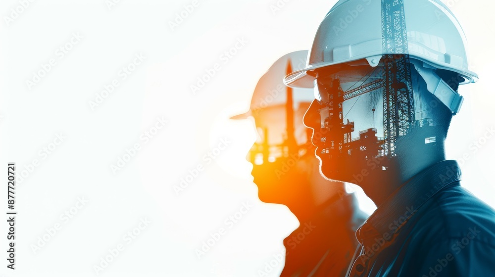 Two men wearing hard hats stand in front of a white background Two men wearing hard hats stand in front of a white background