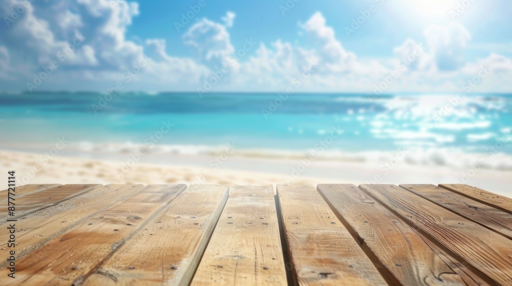 A sunny day at the beach with a clear sky and sparkling ocean visible from an empty wooden deck, evoking summer vibes and a sense of calm and relaxation. A sunny day at the beach with a clear sky and sparkling ocean visible from an empty wooden deck, evoking summer vibes and a sense of calm and relaxation.