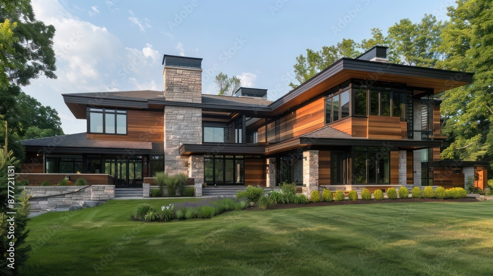 elegant suburban modern home with an extensive use of natural wood and stone, seamlessly integrating into the landscape elegant suburban modern home with an extensive use of natural wood and stone, seamlessly integrating into the landscape
