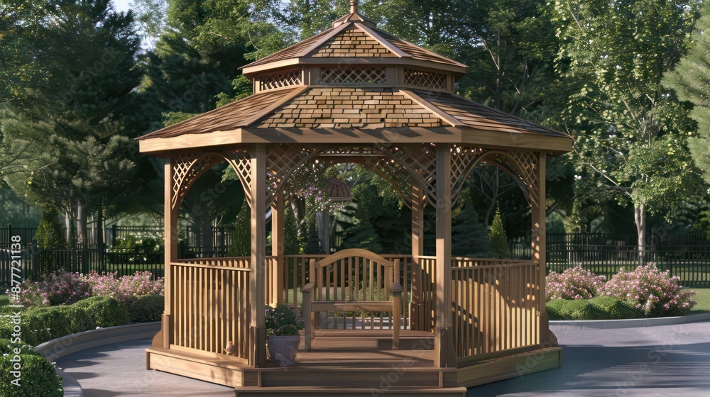 elegant wooden gazebo in a suburban garden, featuring detailed lattice work and a cedar shingle roof