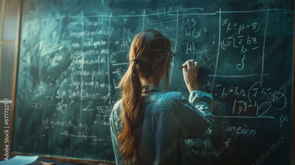 A woman writes detailed equations on a chalkboard filled with mathematical symbols in a classroom, showcasing education and analytical thinking. Ideal for academic purposes. A woman writes detailed equations on a chalkboard filled with mathematical symbols in a classroom, showcasing education and analytical thinking. Ideal for academic purposes.