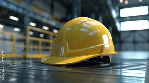 A bright yellow hardhat resting on a metal surface within an industrial factory setting, showcasing safety equipment essential for construction and industrial workers.