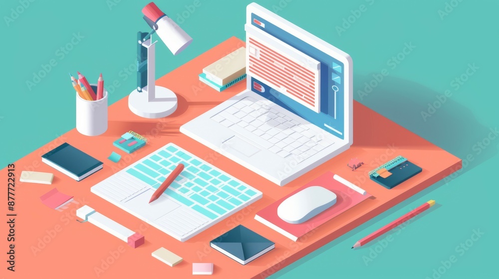 A neatly organized workspace showcasing an open laptop with visible text on the screen, surrounded by various stationery items, creating a productive and colorful scene. A neatly organized workspace showcasing an open laptop with visible text on the screen, surrounded by various stationery items, creating a productive and colorful scene.