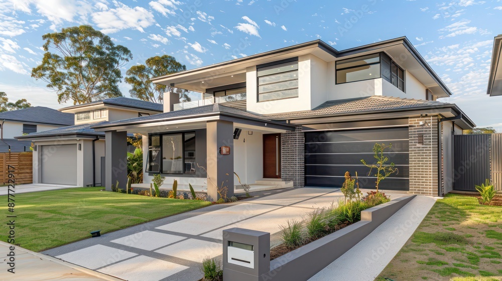 contemporary suburban home with a focus on security, featuring integrated smart security systems and minimalistic design contemporary suburban home with a focus on security, featuring integrated smart security systems and minimalistic design