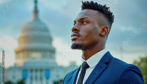 Confident Black Male Speaker Delivering Powerful Speech in Front of the US Capitol Building, Inspiring Leadership and Public Speaking