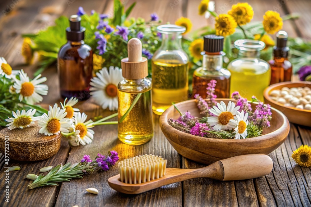 Serene atmosphere, wooden table holds various essential oils, flowers, and natural ingredients, with a bowl of oil mixture, next to a hairbrush and skincare tools. Serene atmosphere, wooden table holds various essential oils, flowers, and natural ingredients, with a bowl of oil mixture, next to a hairbrush and skincare tools.