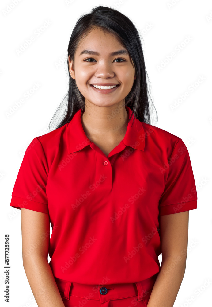 Smiling Southeast Asian woman in a red uniform, looking friendly and approachable Smiling Southeast Asian woman in a red uniform, looking friendly and approachable