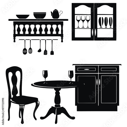 Isolated vector Kitchen themed black silhouettes featuring chair, table with wine glasses, cupboard,  wall mounted cabinet with glassware and shelf with kitchen utensils and bowls on white background