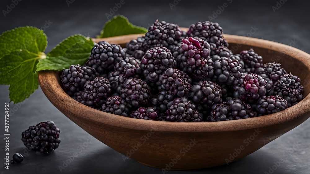 Fresh Blackberries in Wooden Bowl with Green Leaves on Dark Background Fresh Blackberries in Wooden Bowl with Green Leaves on Dark Background