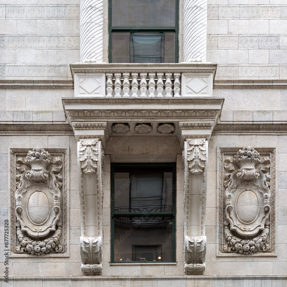 Obraz premium Ornate architectural details on a renovated historic building facade, Boston, Massachusetts, USA