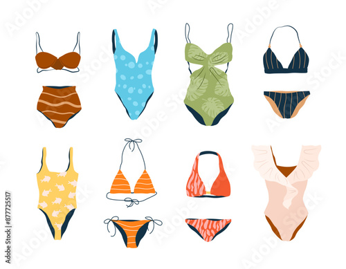 Set of swimwear, swimsuits, casual bikini and bras, beachwear for women. Hand drawn clothing, apparel, garments for summer, vacation, pool party. Isolated flat vector illustrations on white background