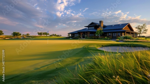 Craftsman-style clubhouse at the edge of a golf course with panoramic views of the fairways