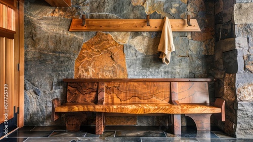 Craftsman-style entryway with a bespoke wooden bench and matching coat rack against a backdrop of natural stone