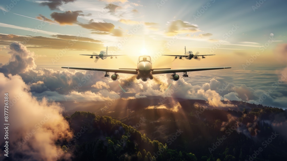 Fototapeta premium Three airplanes flying in the sky with the sun shining on them