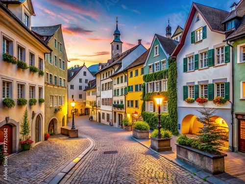 Quaint cobblestone Marktgasse street in historic Stadt Feldkirch, Vorarlberg, Austria, lined with colorful medieval buildings, ornate facades, and charming streetlights at dawn. photo