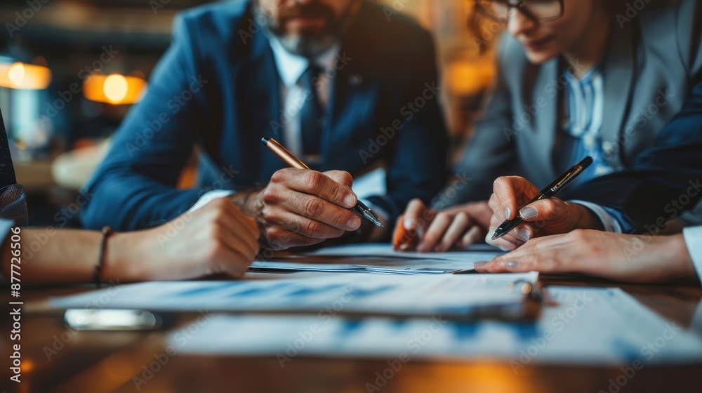 A group of people are writing on a piece of paper A group of people are writing on a piece of paper