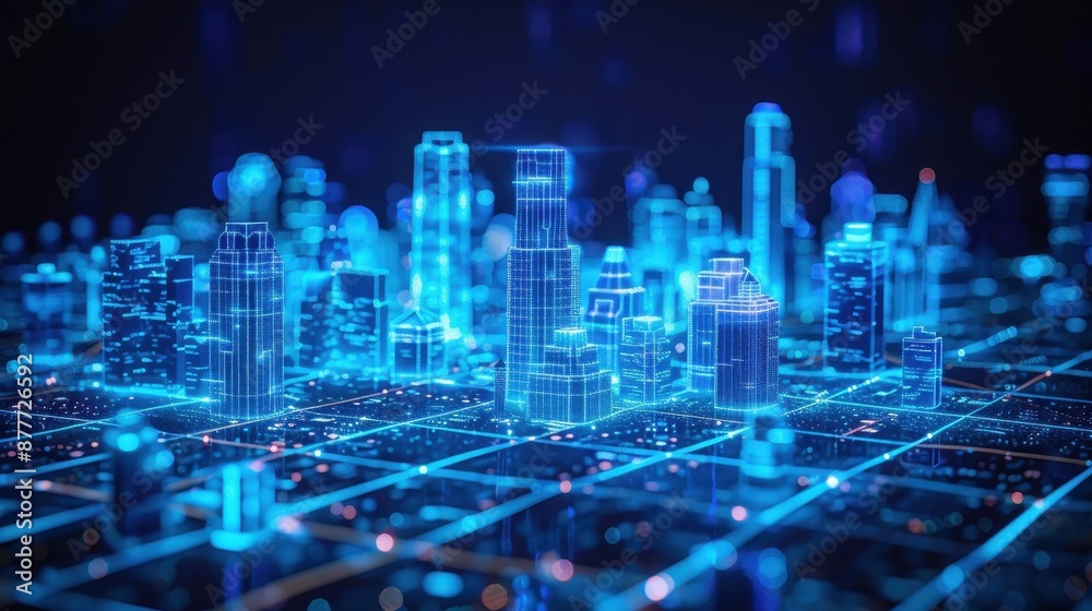 A cityscape is shown in blue with a grid pattern