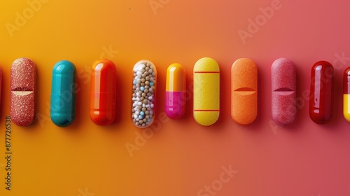 A row of colorful pills are lined up on a red background