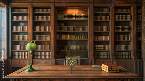 Craftsman-style home office with a large oak desk, built-in bookcases filled with leather-bound books, and a green bankera??s lamp