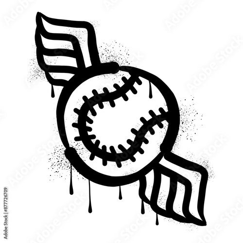 Canvas Print Baseball ball and wings with black spray paint graffiti