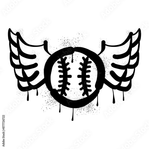 Baseball ball and wings with black spray paint graffiti