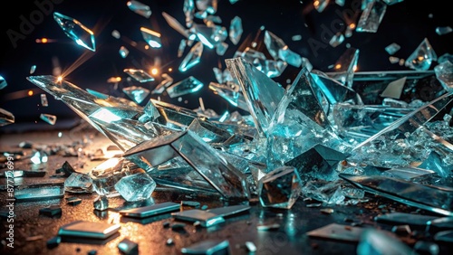 Shards of broken glass scattered violently across a dark surface, eerily illuminated, conveying a sense of intense anger and destructive fury.