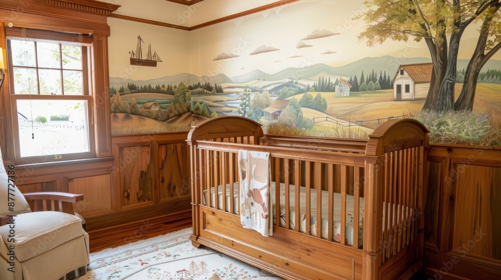 Craftsman-style nursery with a wooden crib, hand-painted murals, and soft, natural fabrics Craftsman-style nursery with a wooden crib, hand-painted murals, and soft, natural fabrics