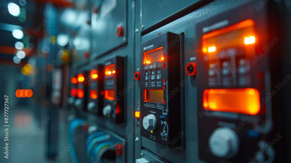 Close-up view of an industrial control panel with glowing indicator lights, emphasizing technology and machinery in a factory setting. Close-up view of an industrial control panel with glowing indicator lights, emphasizing technology and machinery in a factory setting.