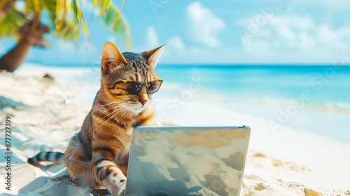 Tabby Cat Freelancer Relaxing and Working on Laptop at Idyllic Tropical Beach with Palm Trees Ocean and Blue Sky