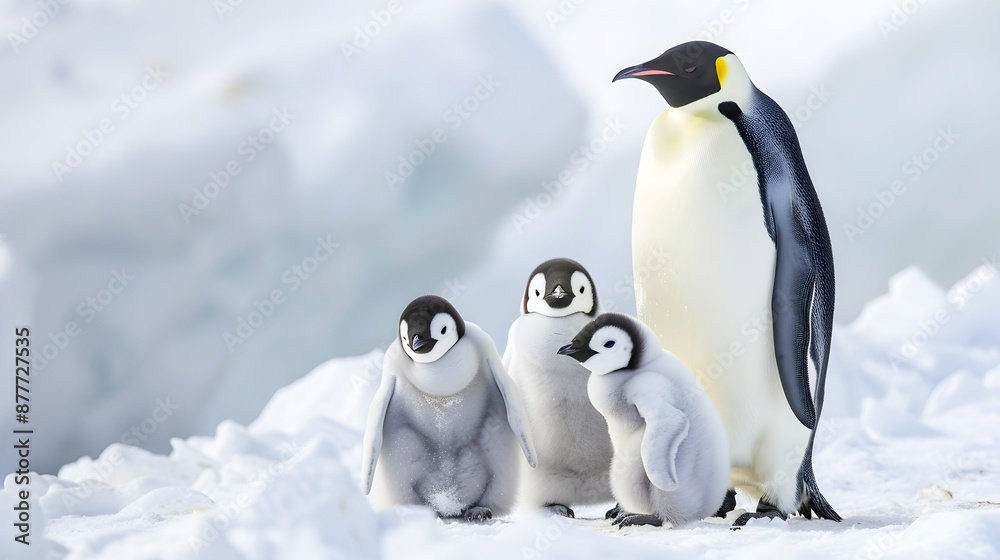 Fototapeta premium Adorable group of Emperor Penguin chicks huddled together in the snowy freezing Arctic landscape The fluffy cute baby penguins are sheltered and cared for by their parents as they survive the harsh