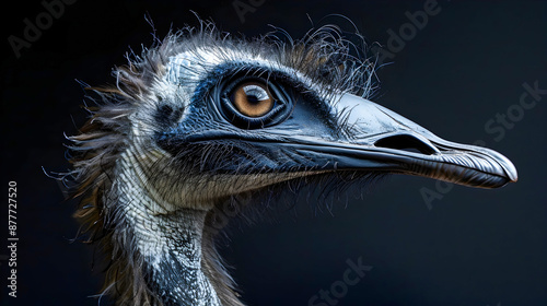 Striking and detailed close up frontal view of emu s head showcasing its distinctive plumage pattern sharp beak and vivid eye in contrasting monochrome tones against a dark background photo