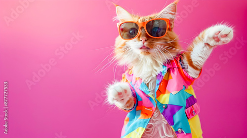 Energetic Dancing Cat in Stylish Outfit and Sunglasses on Vivid Pink Background Playful Quirky and Charismatic Feline Pet Performing with Vibrant Colors and Joyful Movement