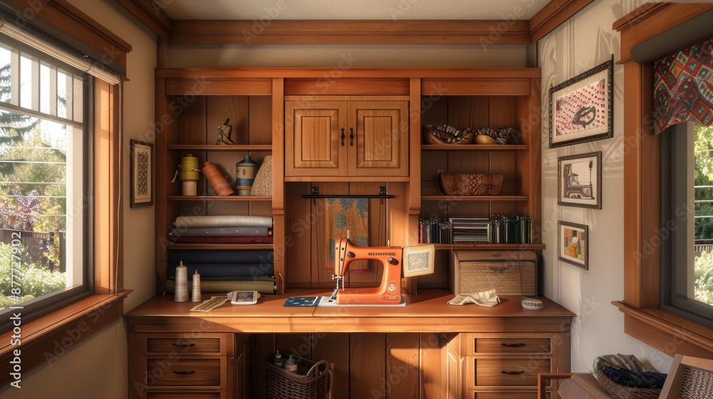 Craftsman-style sewing room with a built-in wooden sewing table, shelves for fabrics, and a cozy nook for reading patterns and sewing books Craftsman-style sewing room with a built-in wooden sewing table, shelves for fabrics, and a cozy nook for reading patterns and sewing books