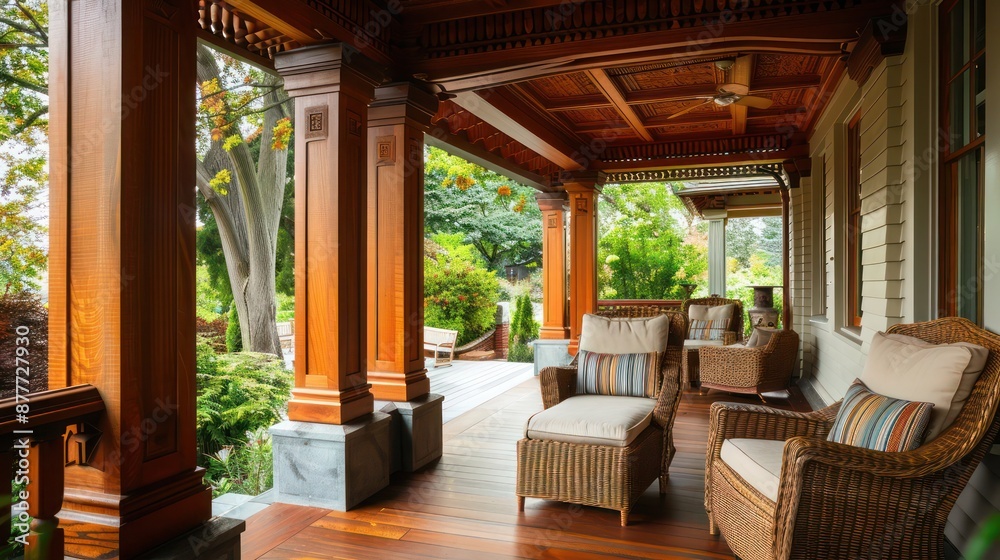 Craftsman-style porch with wooden posts, a beaded ceiling, and a pair of wicker chairs for relaxing outdoors Craftsman-style porch with wooden posts, a beaded ceiling, and a pair of wicker chairs for relaxing outdoors