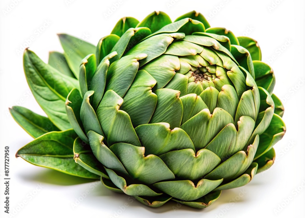 Freshly plucked organic artichoke with tightly closed leaves and vibrant green color sits solo on a crisp white background, showcasing its natural beauty and nutritional value. Freshly plucked organic artichoke with tightly closed leaves and vibrant green color sits solo on a crisp white background, showcasing its natural beauty and nutritional value.