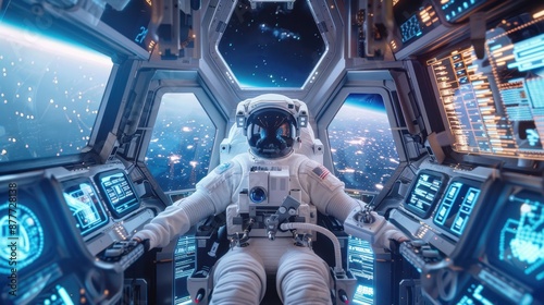 Fototapeta Naklejka Na Ścianę i Meble -  The astronaut in spaceship cockpit