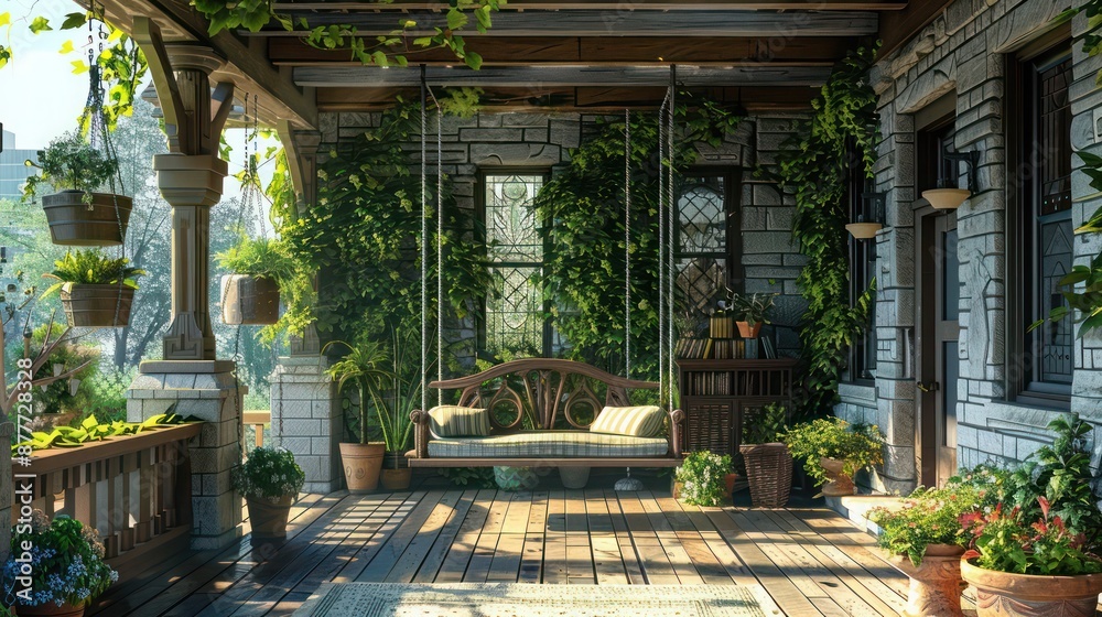 Craftsman-style veranda with a swing, surrounded by climbing vines and a variety of potted plants