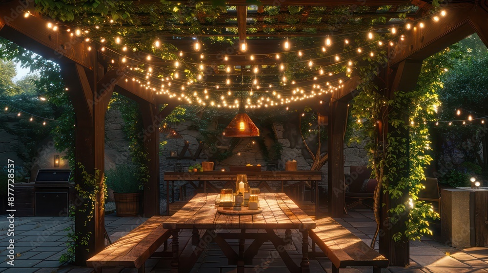 Obraz premium Craftsman dining area with a handmade wooden dining table surrounded by benches, under a canopy of string lights