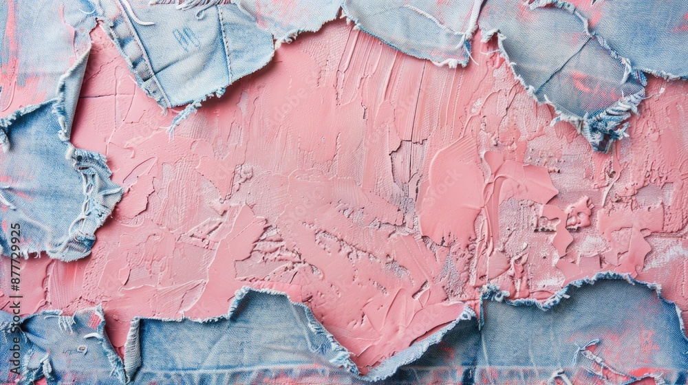 Fototapeta premium Destroyed denim frame on pink leather background copy space