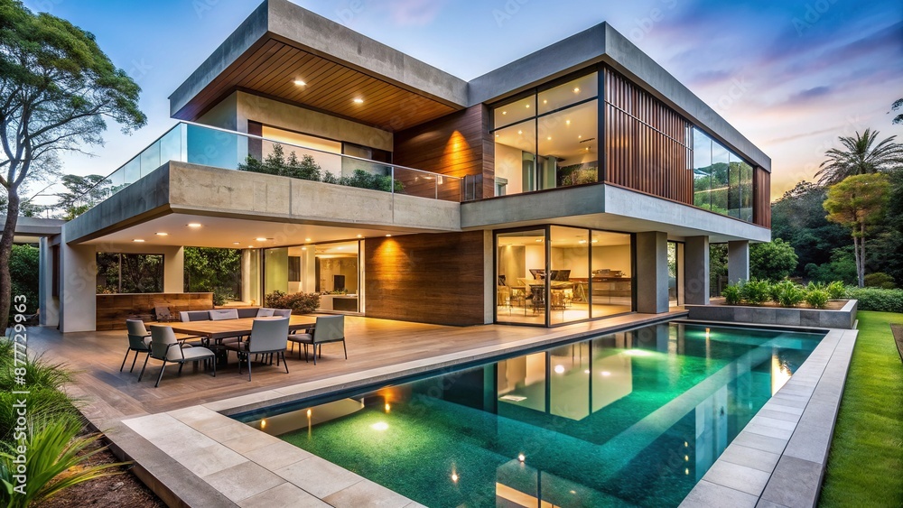 Fototapeta premium Modern luxury home boasts sleek fusion of concrete and wood elements, expansive open-plan living space, high-gloss kitchen, and expansive outdoor pool surrounded by lush greenery.