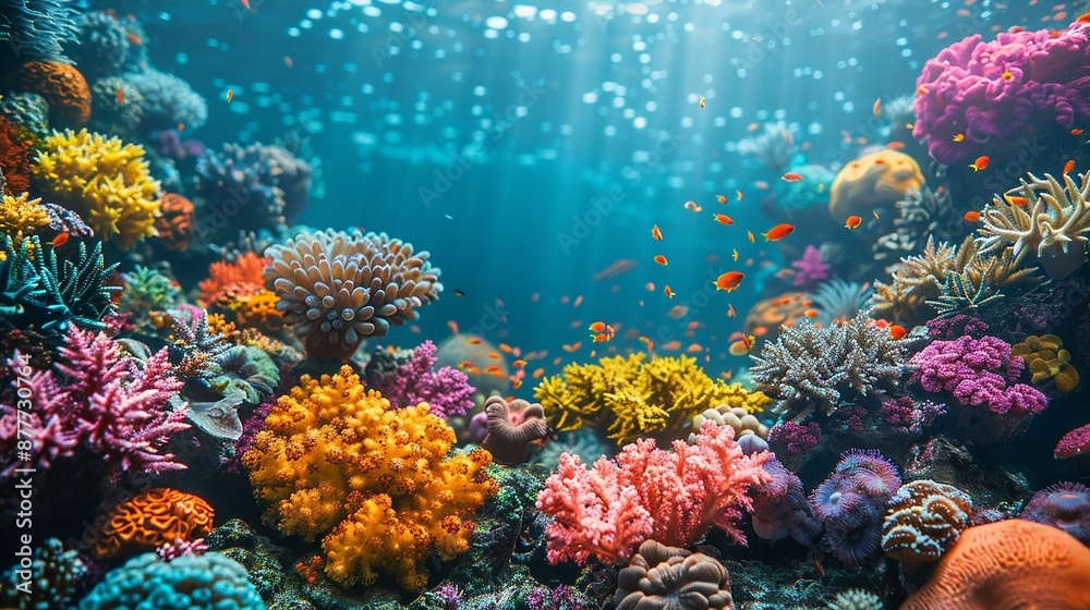Fototapeta premium Colorful underwater corals showcase the stunning beauty of underwater ecosystems with vibrant corals and marine life perfect for aquatic-themed backgrounds Background Illustration, Bright color