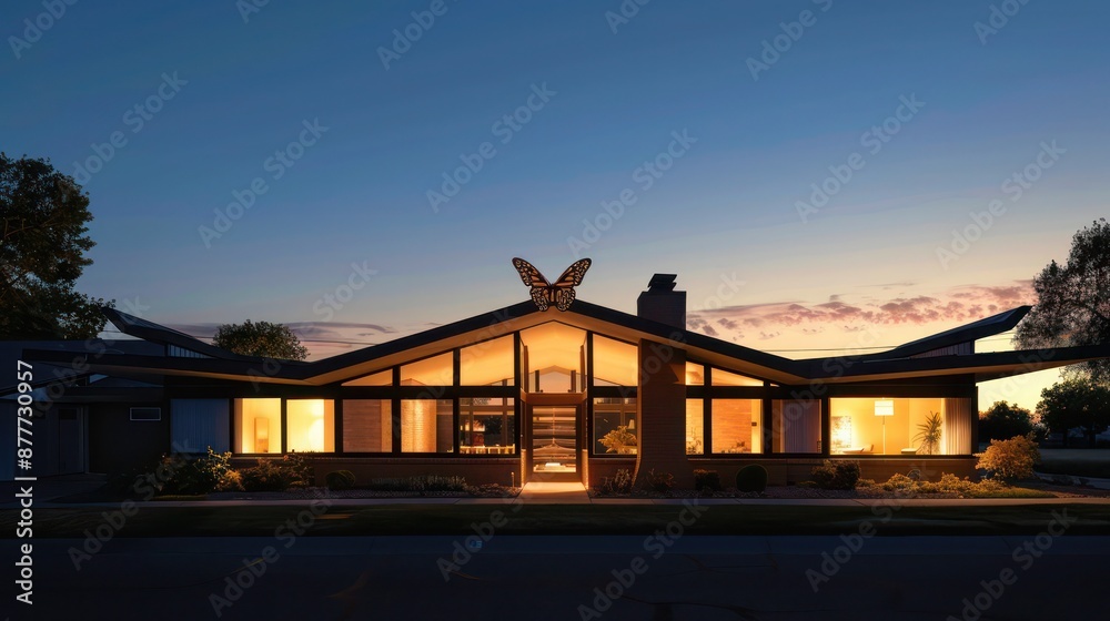 mid-century modern suburban home at dawn, its unique butterfly roof silhouetted against the early morning sky mid-century modern suburban home at dawn, its unique butterfly roof silhouetted against the early morning sky