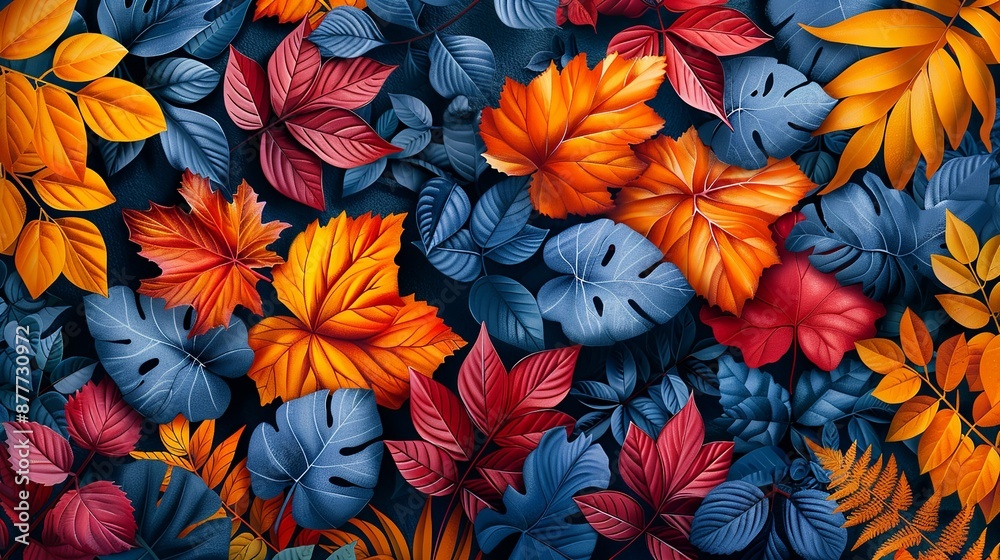 Colorful leaves in various shades and patterns provide a natural and vibrant touch to illustrations perfect for autumn-themed projects and nature-inspired designs Background Illustration, Bright Colorful leaves in various shades and patterns provide a natural and vibrant touch to illustrations perfect for autumn-themed projects and nature-inspired designs Background Illustration, Bright