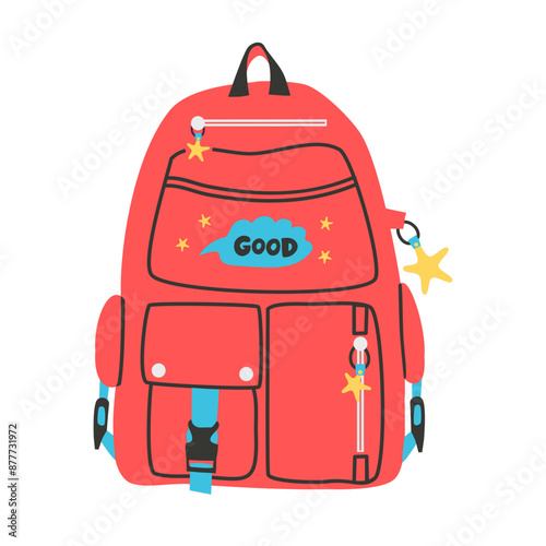 School backpack, bag, rucksack, knapsack for school supplies. Back to school and education concept. Vector illustration of red school bag. Isolated on white background.