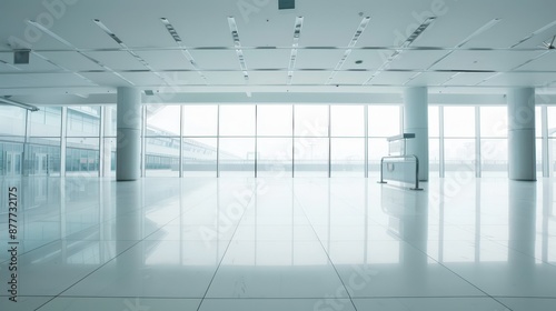 Empty Modern Interior With Large Windows and White Tile Flooring