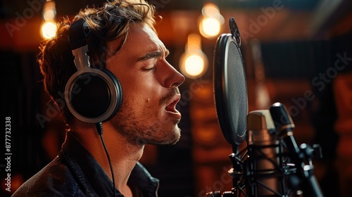 A man singing into a microphone with a black headset on