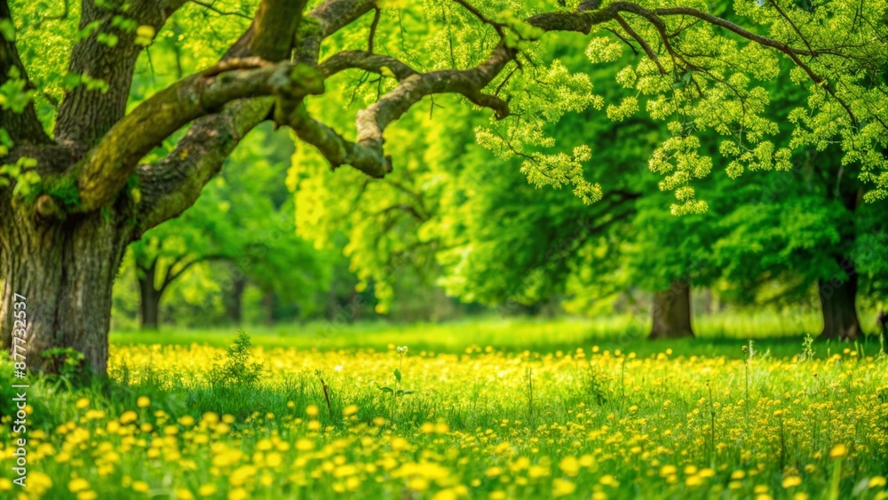 beautiful idyllic landscape panorama backgrond, yellow flower meadow and old trees in a spring park landscape, branch with green leaves in foreground beautiful idyllic landscape panorama backgrond, yellow flower meadow and old trees in a spring park landscape, branch with green leaves in foreground