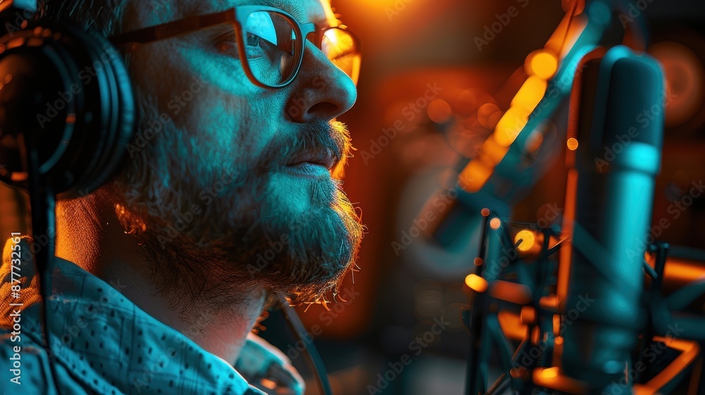 A man wearing headphones and glasses is recording a voice A man wearing headphones and glasses is recording a voice